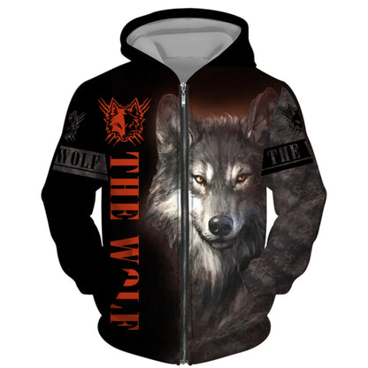 3D Wolf Print Men Zipper Hoodies Fashion Animal Pattern Top Coat Street Punk Style Oversized Sweatshirts Outdoor Leisure Jackets