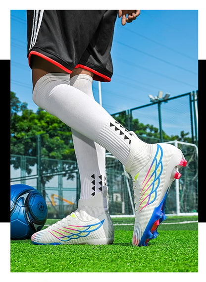 Chaussures de football à crampons TF pour terrain synthétique, modèle à tige haute et coupe ajustée, chaussures de football à lacets avec empeigne respirante en tissu, semelle en caoutchouc antidérapante et durable, ch