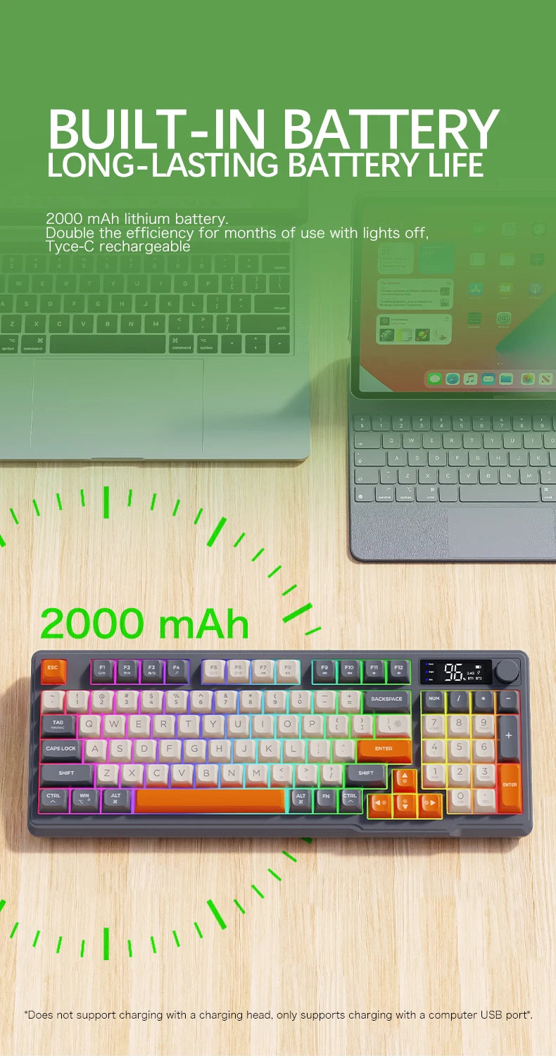 Teclado Sem Fios Bluetooth M96 FREEWOLF com Ecrã Digital, Retroiluminação RGB, Bateria de 2000mAh e Teclas PBT para PC/Portátil