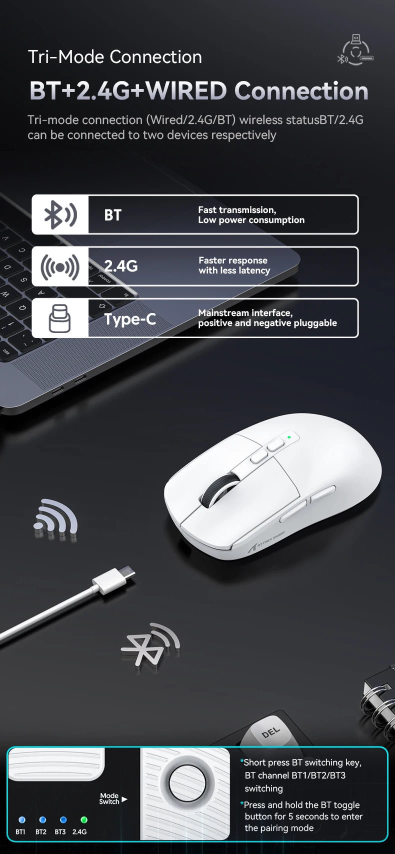 Attack Shark X6 Lightweight Wireless Gaming Mouse with 3 Mode Up to 26K DPI RGB Backlight Charging Base for Laptop Deskbtop