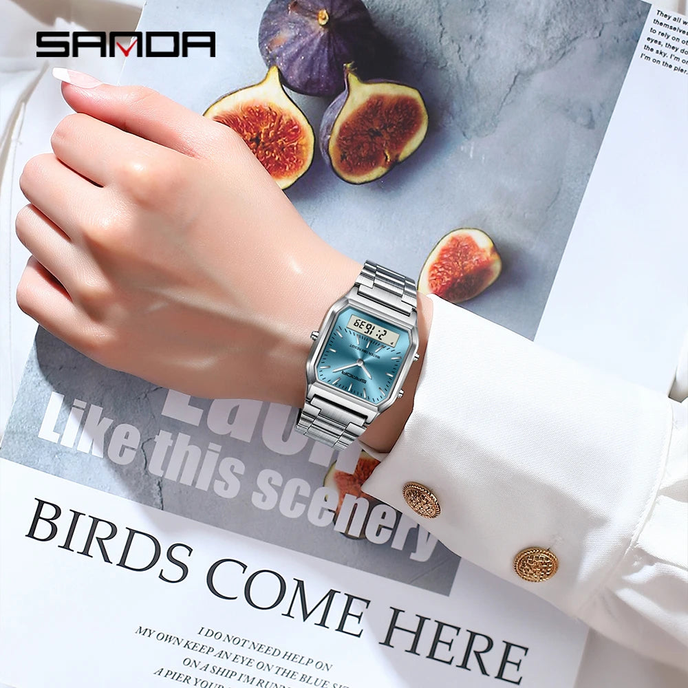 SANDA 747 Luxury Mens G Style Watches Stainless Steel Women LED Digital Dual Display Clock Unisex Waterproof Sports Quartz Watch