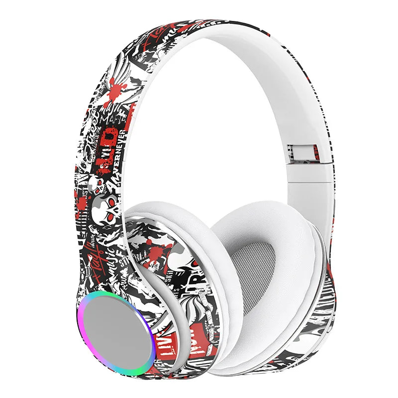 P85 Graffiti Wireless Headset Bluetooth 5.3 Gamer Headphones with Microphone Overhead Headphone with LED Light Foldable FM Radio
