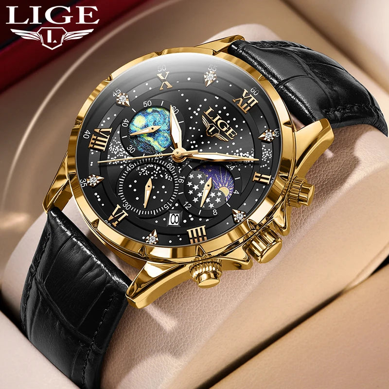 Relógio para homem LIGE – Relógio de quartzo de luxo, estilo descontraído, bracelete em pele, ideal para o trabalho ou para a prática desportiva, resistente à água, com data e cronógrafo.